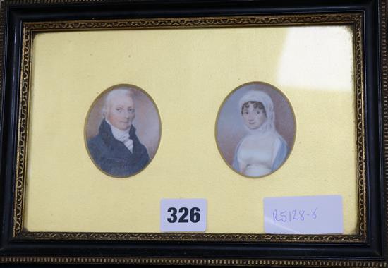 Late 18th century English School, pair of oil on ivory miniatures, portrait of Thomas and Elizabeth Sharp, 6.5 x 5cm